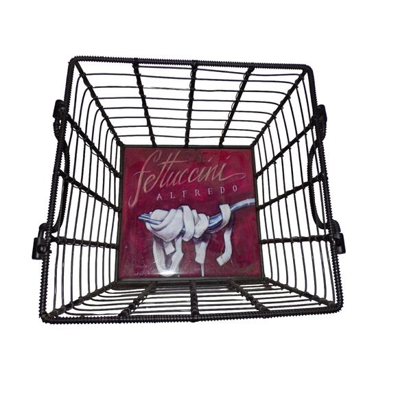 Black Wire Basket with Handles "Fettuccini Alfredo" Tile Bottom - Picture 2 of 3